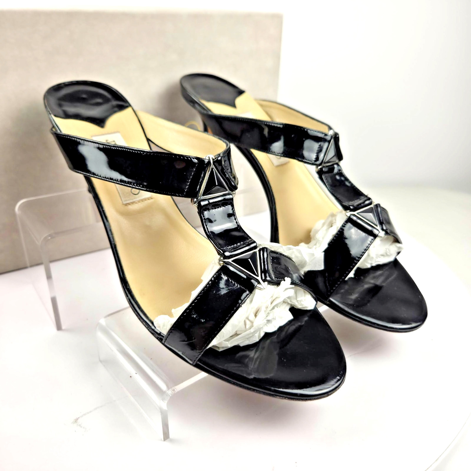 Jimmy Choo Black Patent Leather T Strap Kitten Heel Sandals Size 41 Vintage