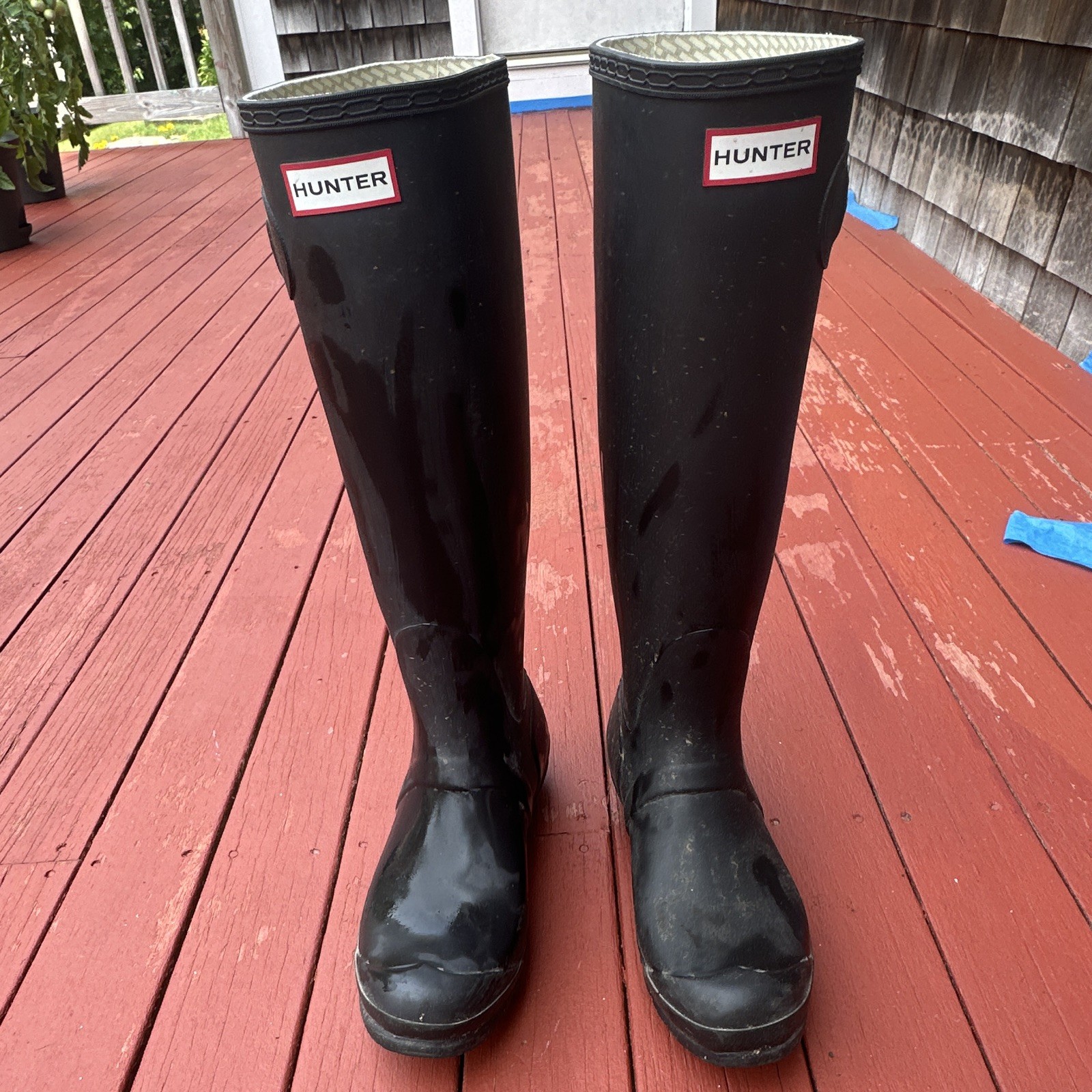Hunter Black Knee High Rain Boots Pull-On Rubber Buckle Round Toe