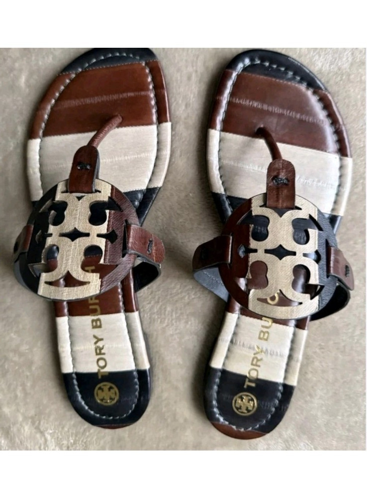 Tory Burch Neutral Stripe Eel Leather Thong Sandals Women’s US 8.5