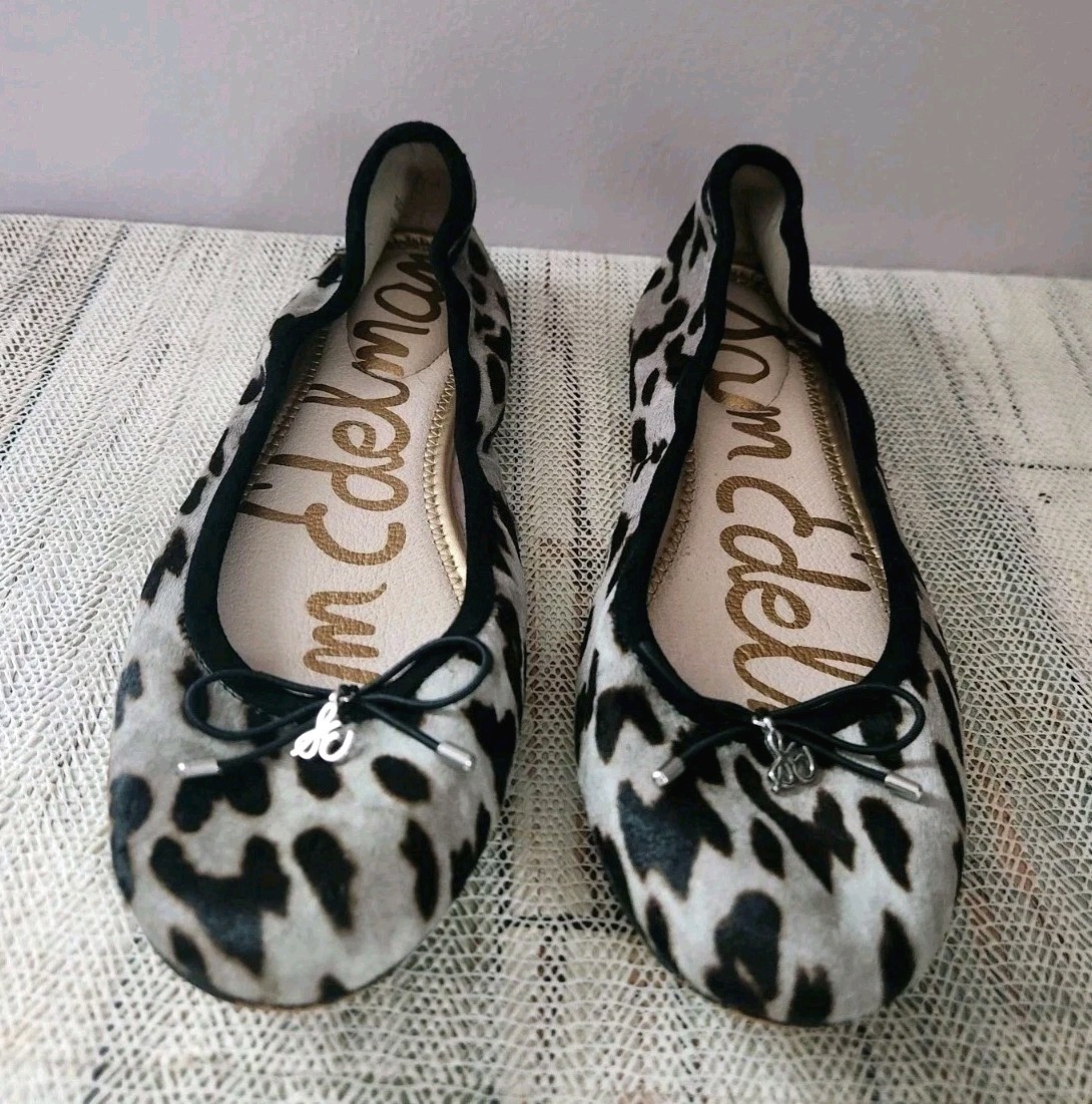 Sam Edelman Felicia Ballet Slip-On Flats Leopard Print Cow Hair Bow Size 9.5