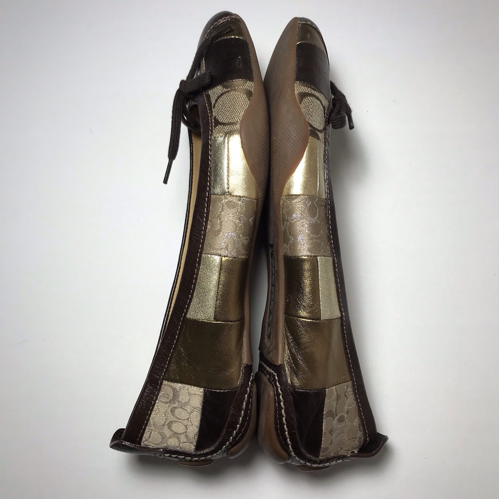 Coach Y2K Vintage Gold Monogram Patchwork Front Tie Ballet Flats Leather Size 10