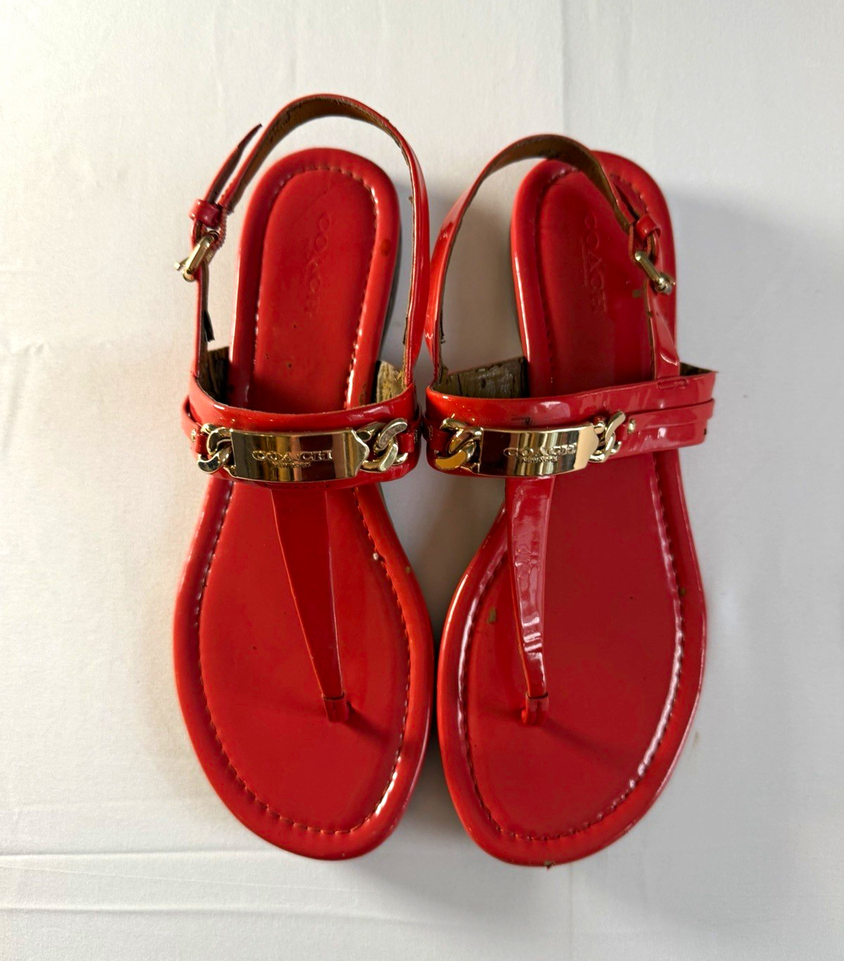 Coach Catherine Orange Leather Thong Flat Sandals Ankle Strap Buckle Logo US 8 B