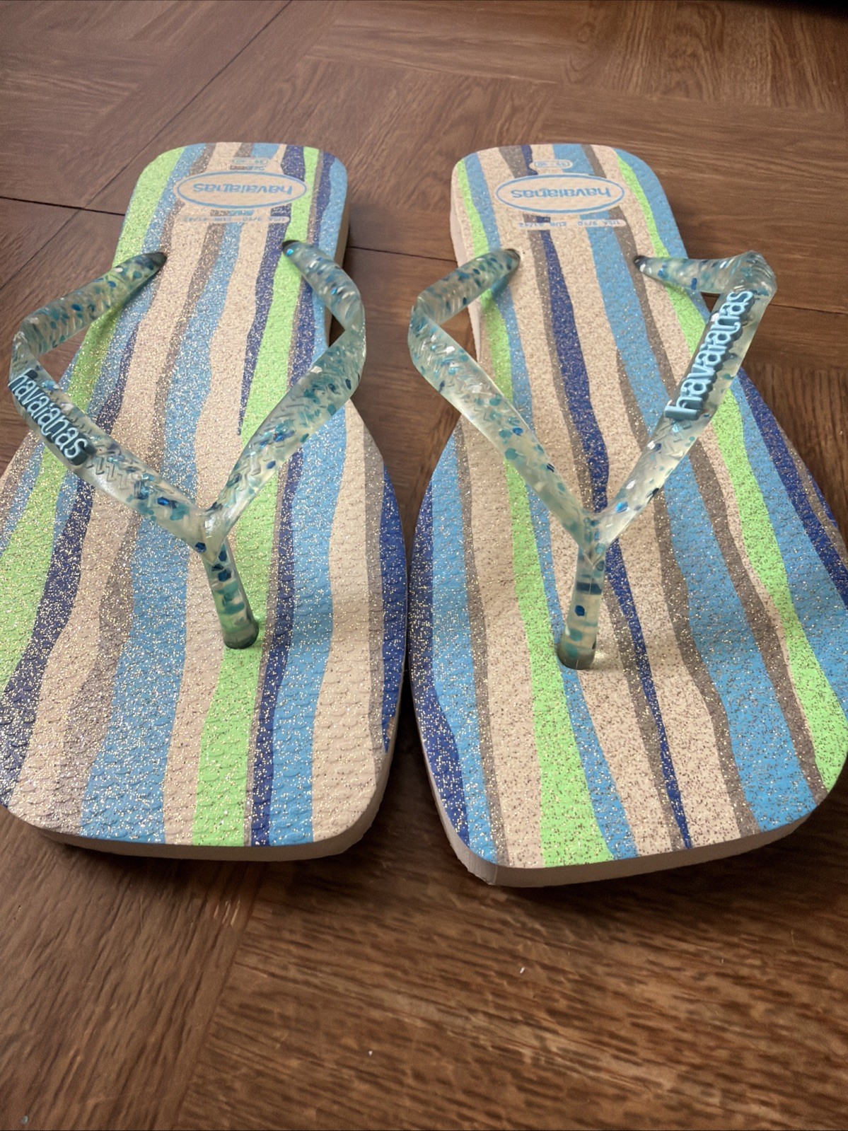 Havaianas Slim Square Folia Flip Flop Blue Stripped Glittery Women’s USA 9/10