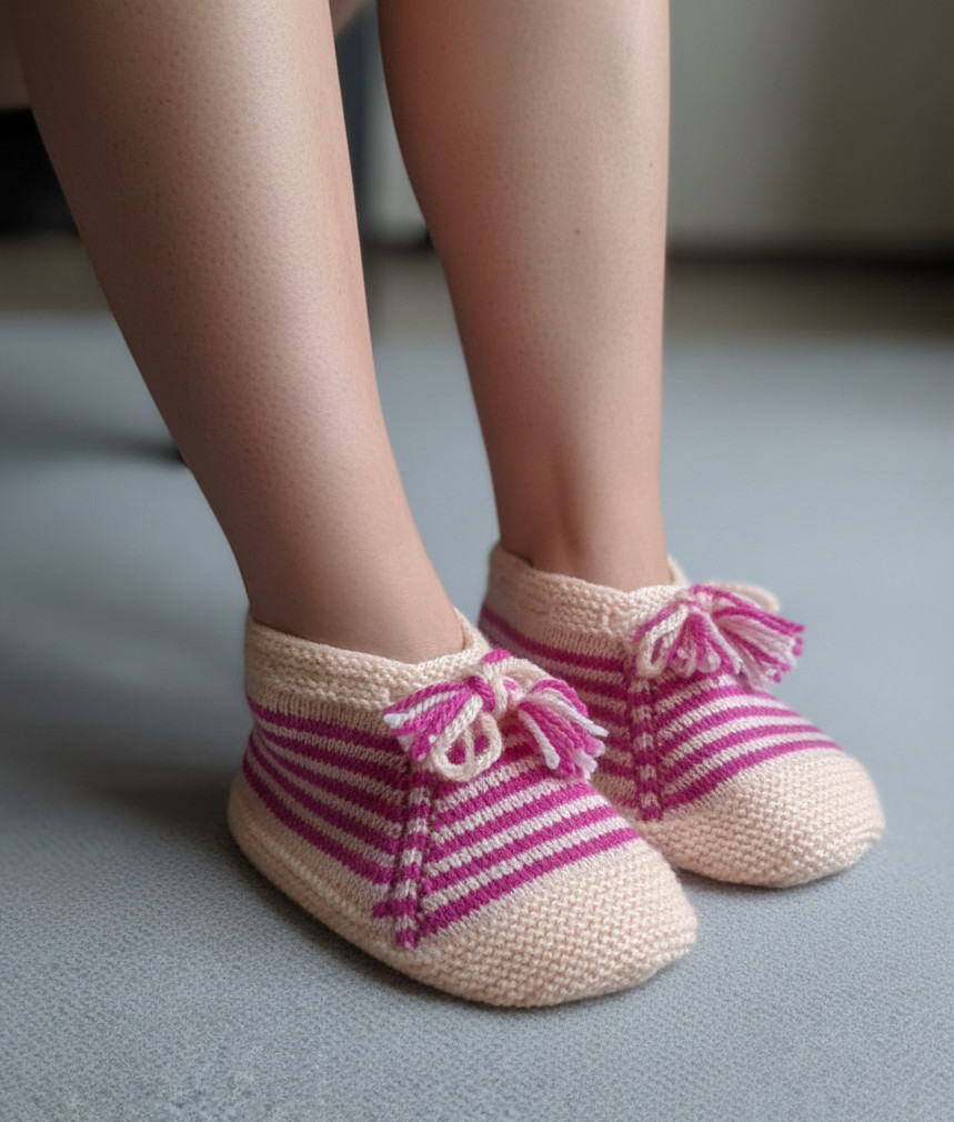 Pink Striped Knit Slippers – Soft Wool House Shoes Hand-Knitted Pink