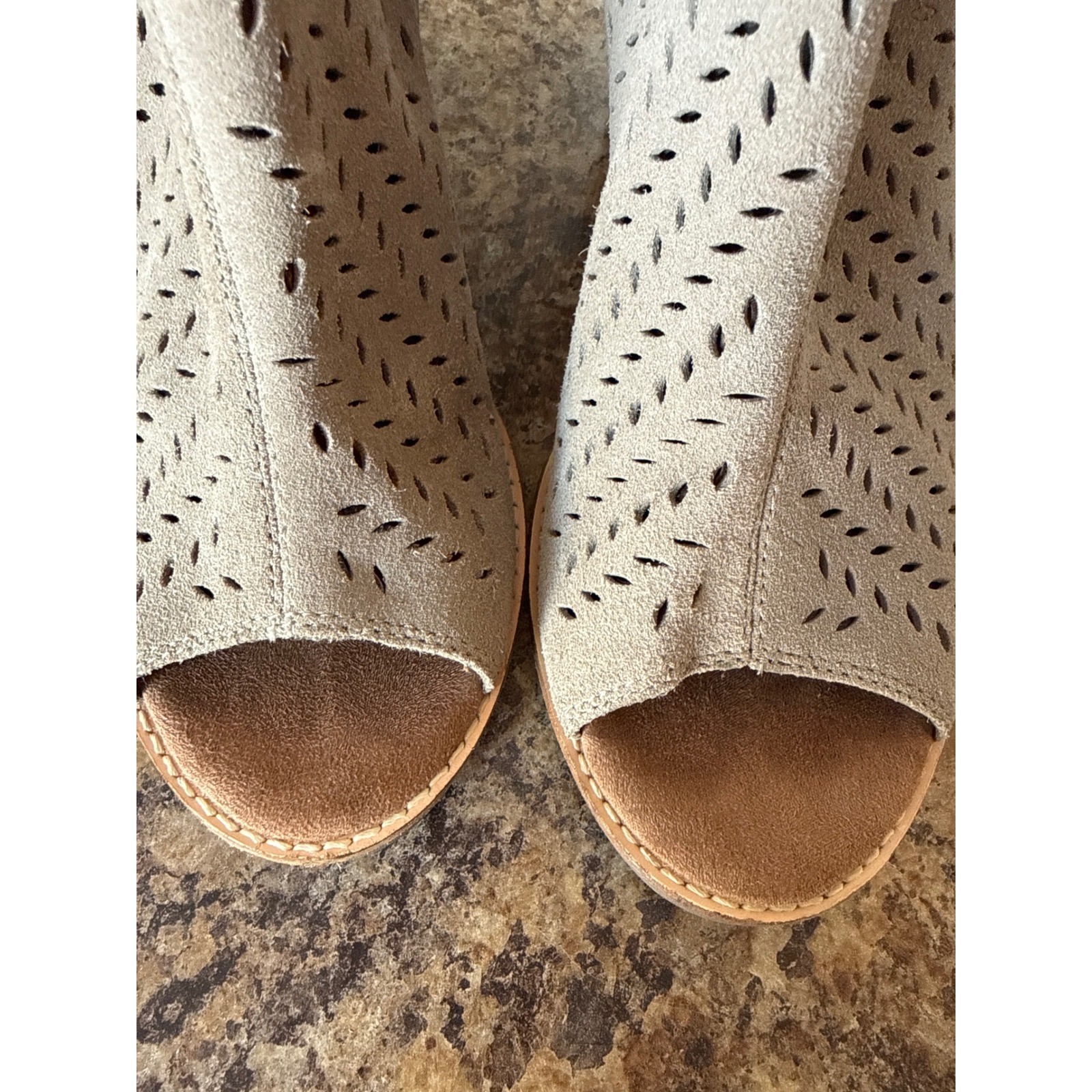 TOMS Majorca Size 10 Peep Toe Booties Desert Taupe Suede Perforated Ankle Boots