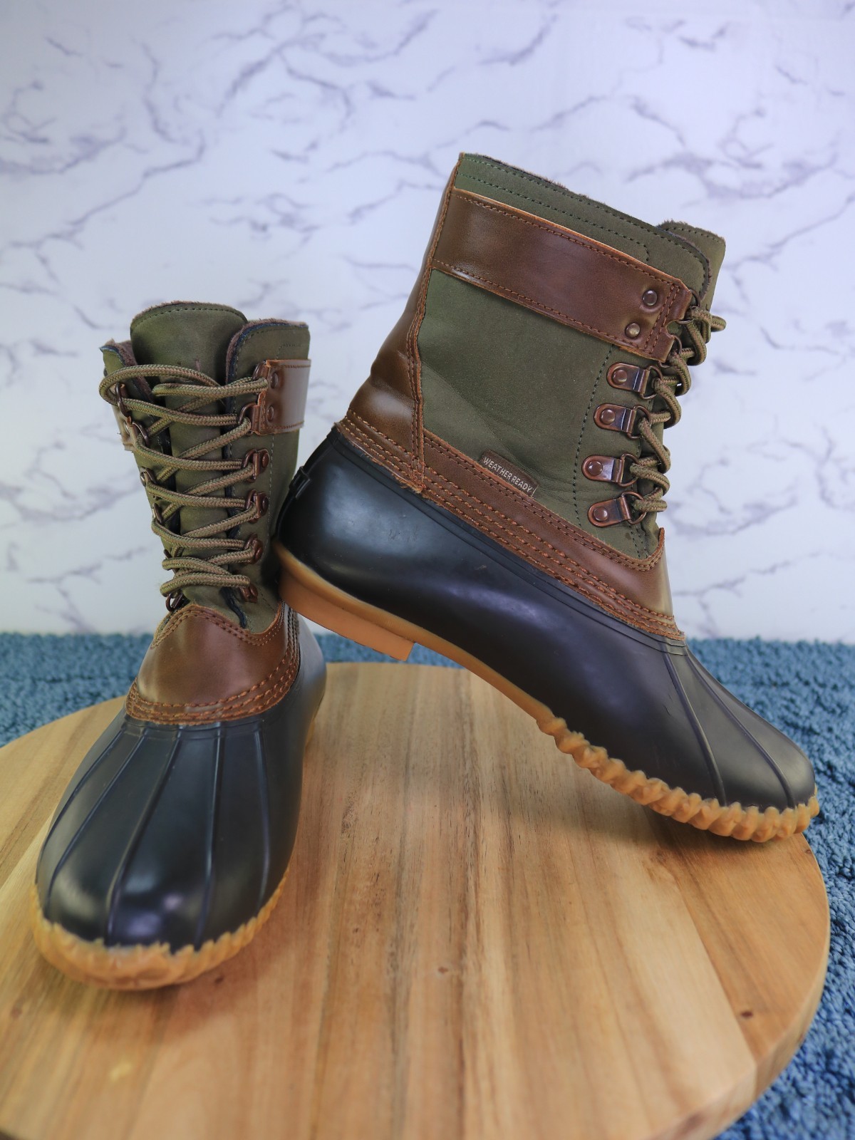 JBU Calgary Brown Green Black Lace Up Mid Calf Duck Work Rain Boot Women Sz 6.5M