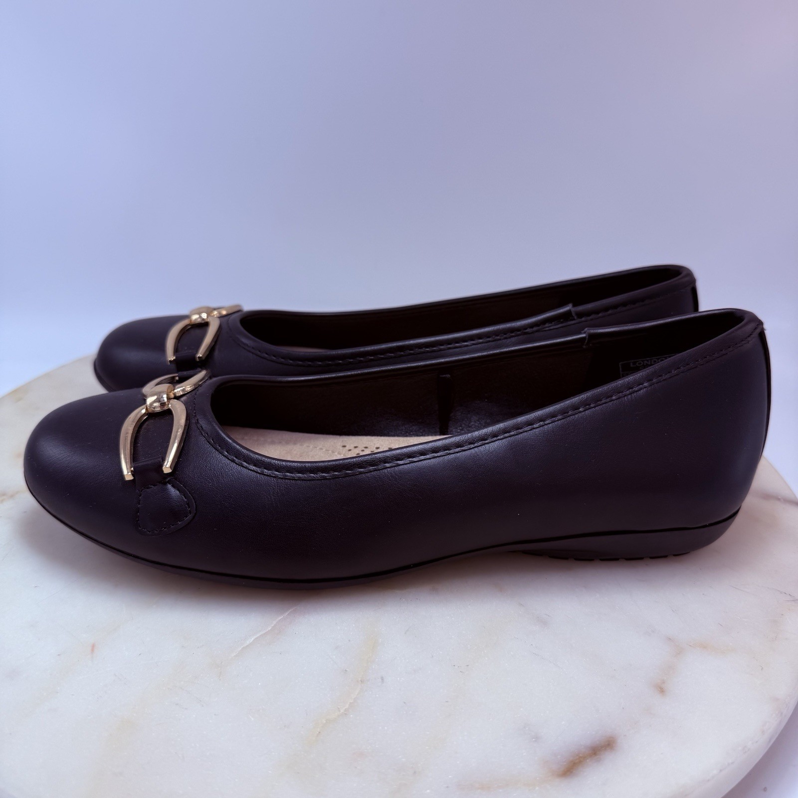 London Fog Collection Brinkley Black Gold Buckle Slip-on Womens Ballet Flats 7.5