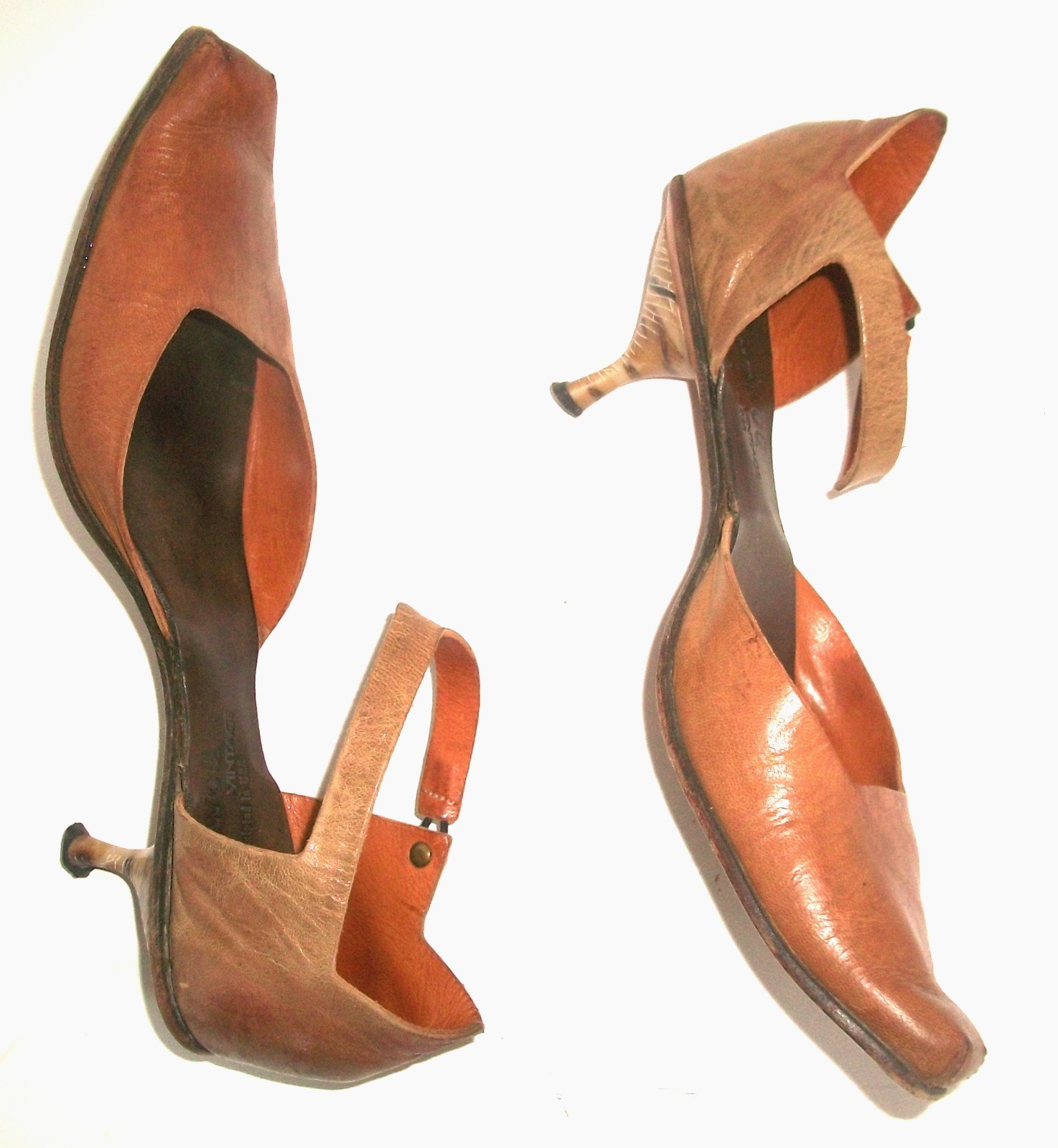 Vtg CYDWOQ Tan Leather Eco-Friendly Handmade Mary Jane Kitten Heel Pumps 10 GW