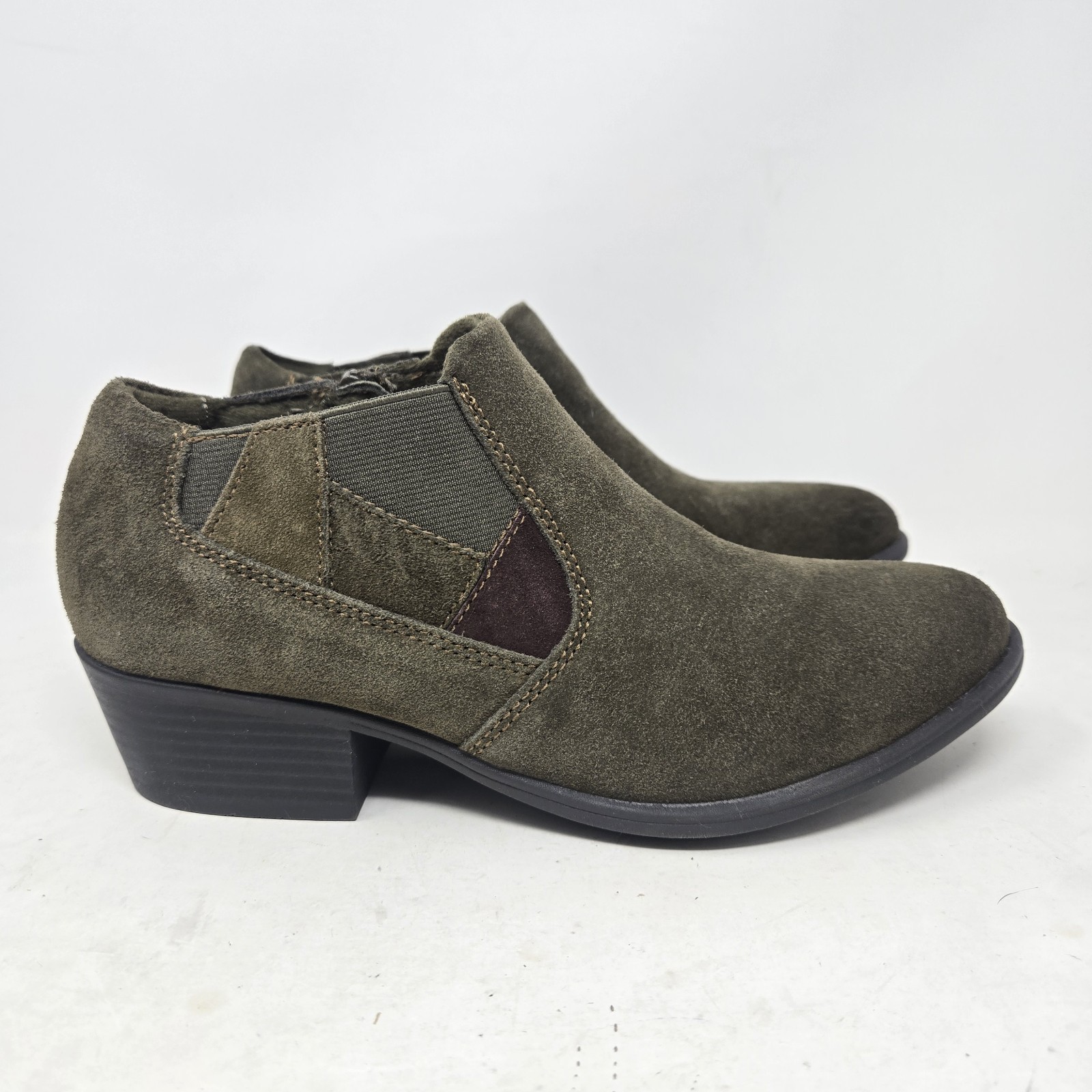 Earth Origins Christine Olive Suede Block Heel Slip on Booties Women’s Size 9.5