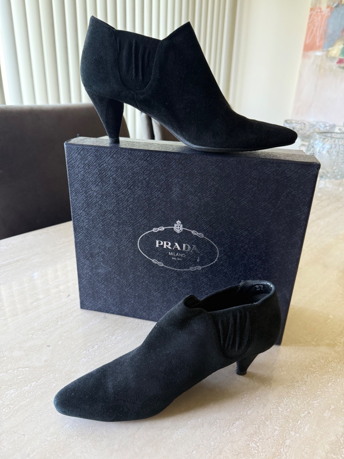 Prada Black Suede Ankle Bootie Pointed Toe Slip-On Stretch Elastic VINTAGE US 7