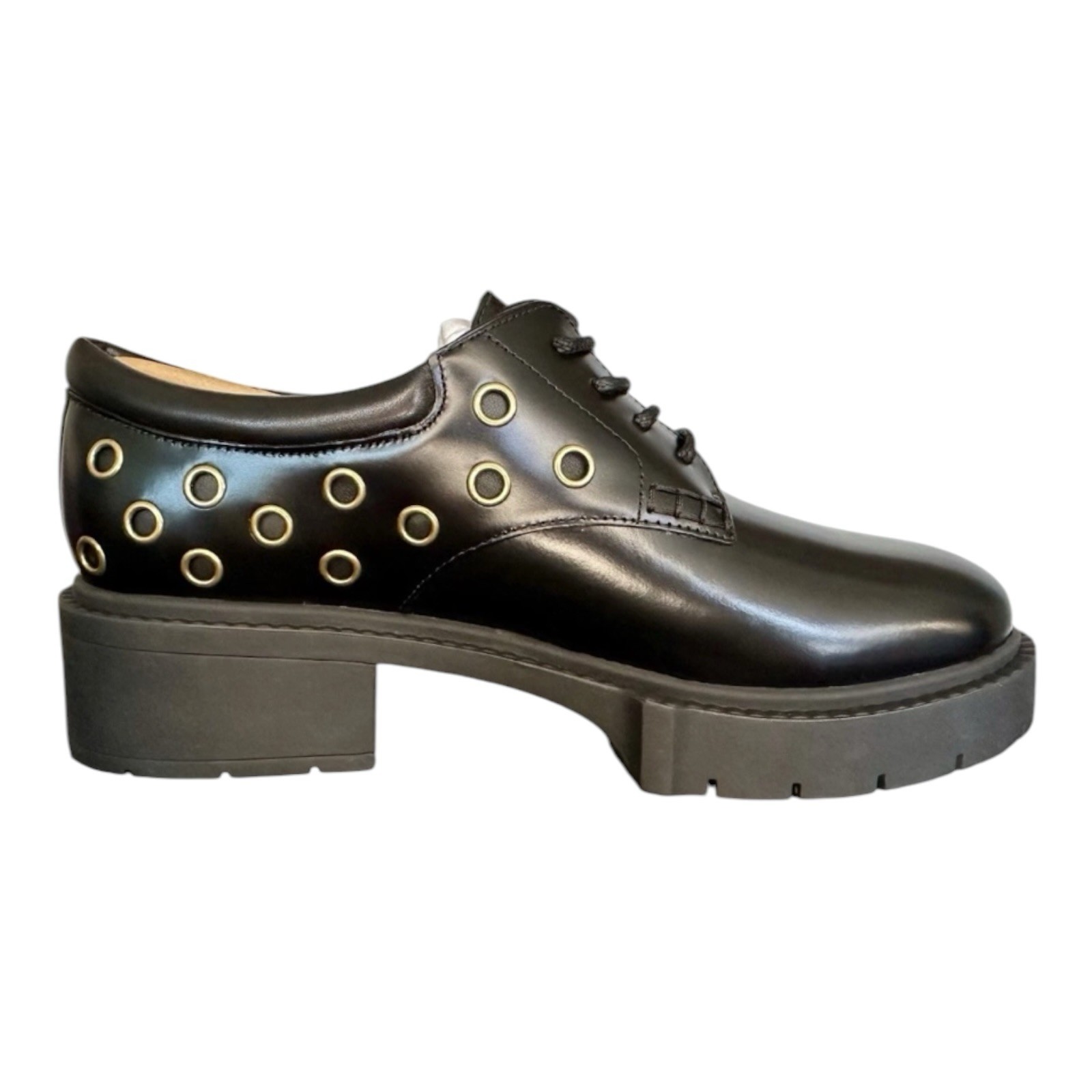 Coach Women’s Black Leather Platform Derby Oxford Shoes Gold Grommet Chunky Heel