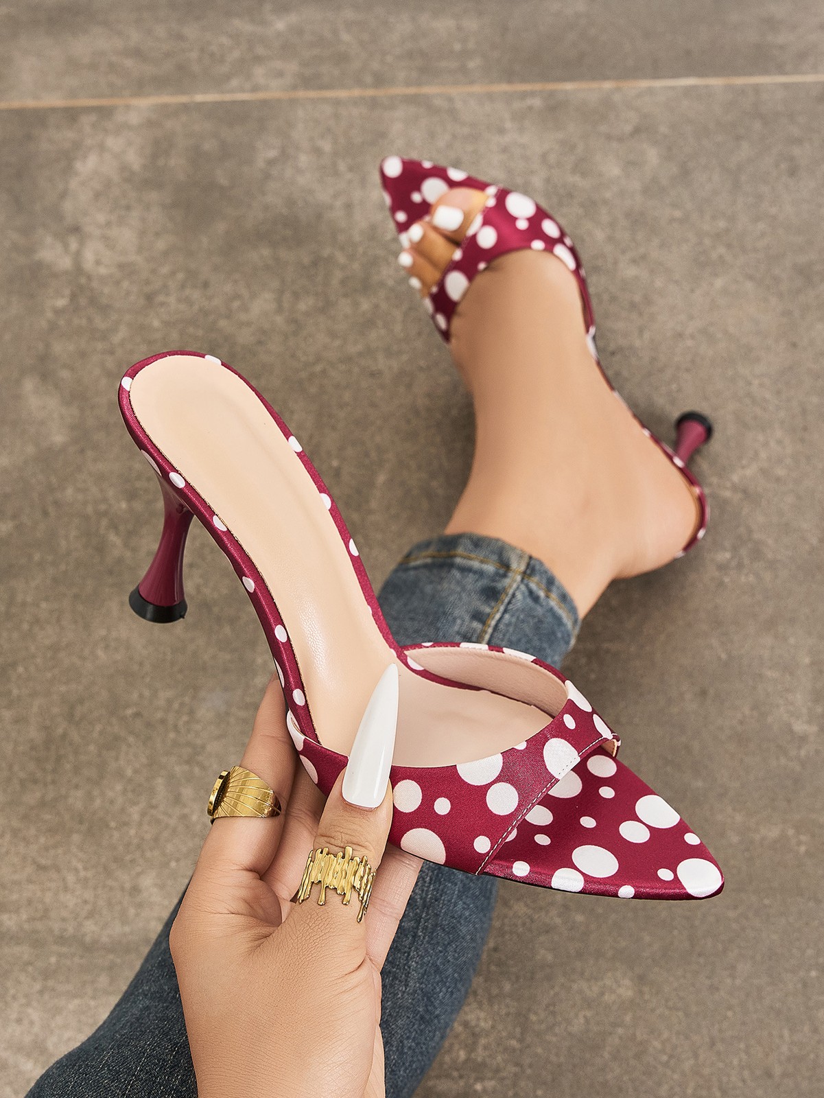 Women Sexy Leather Mid Heels Pointy Open Toe Polka Dot Sandals Shoes Slipper New