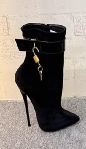 Womens Lock 16cm High Stiletto Heels Sexy Pointed Toe Metal Ankle Boots Shoes