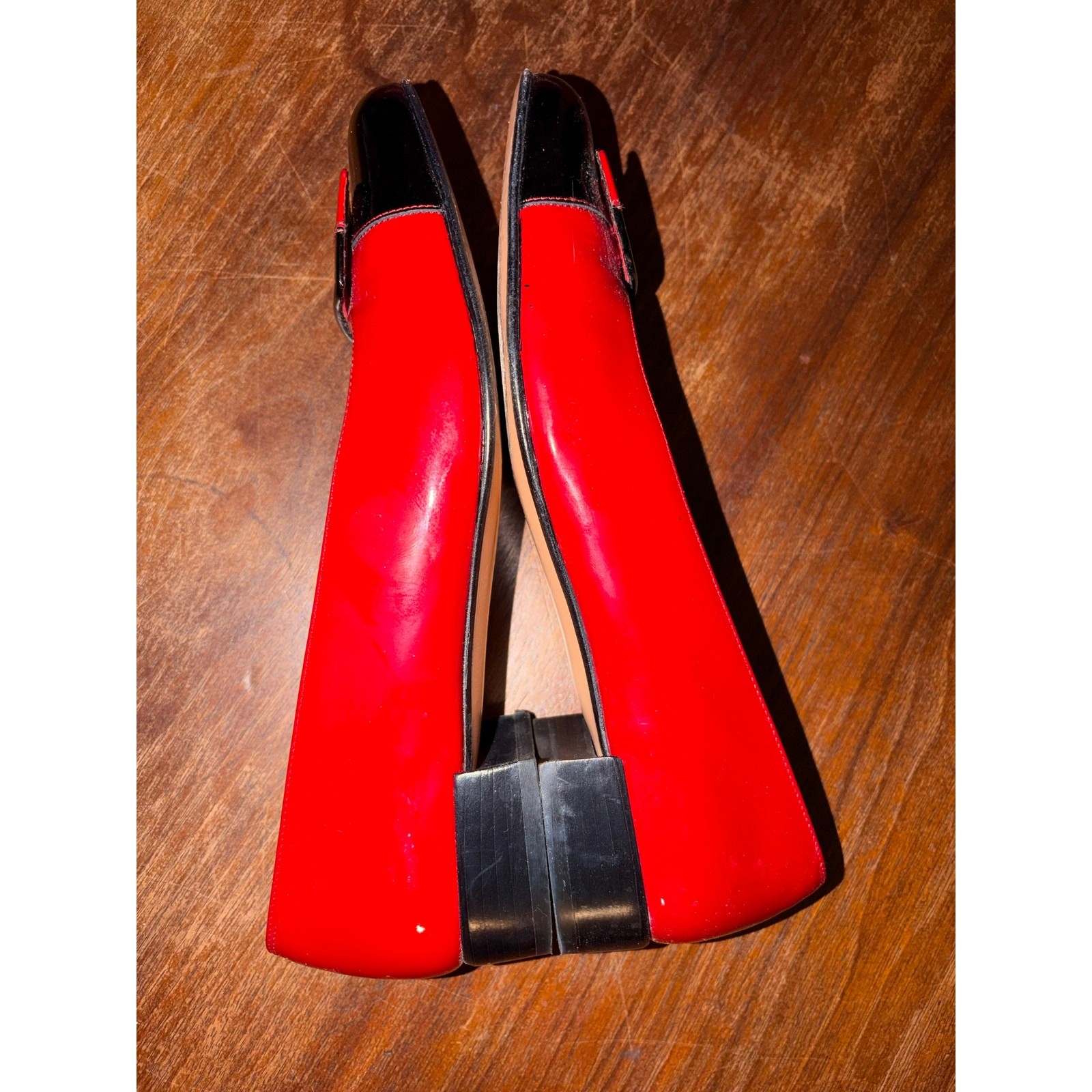 Salvatore Ferragamo Red Black Patent Leather Geometric Loafers 1” Heel Size 8 AA