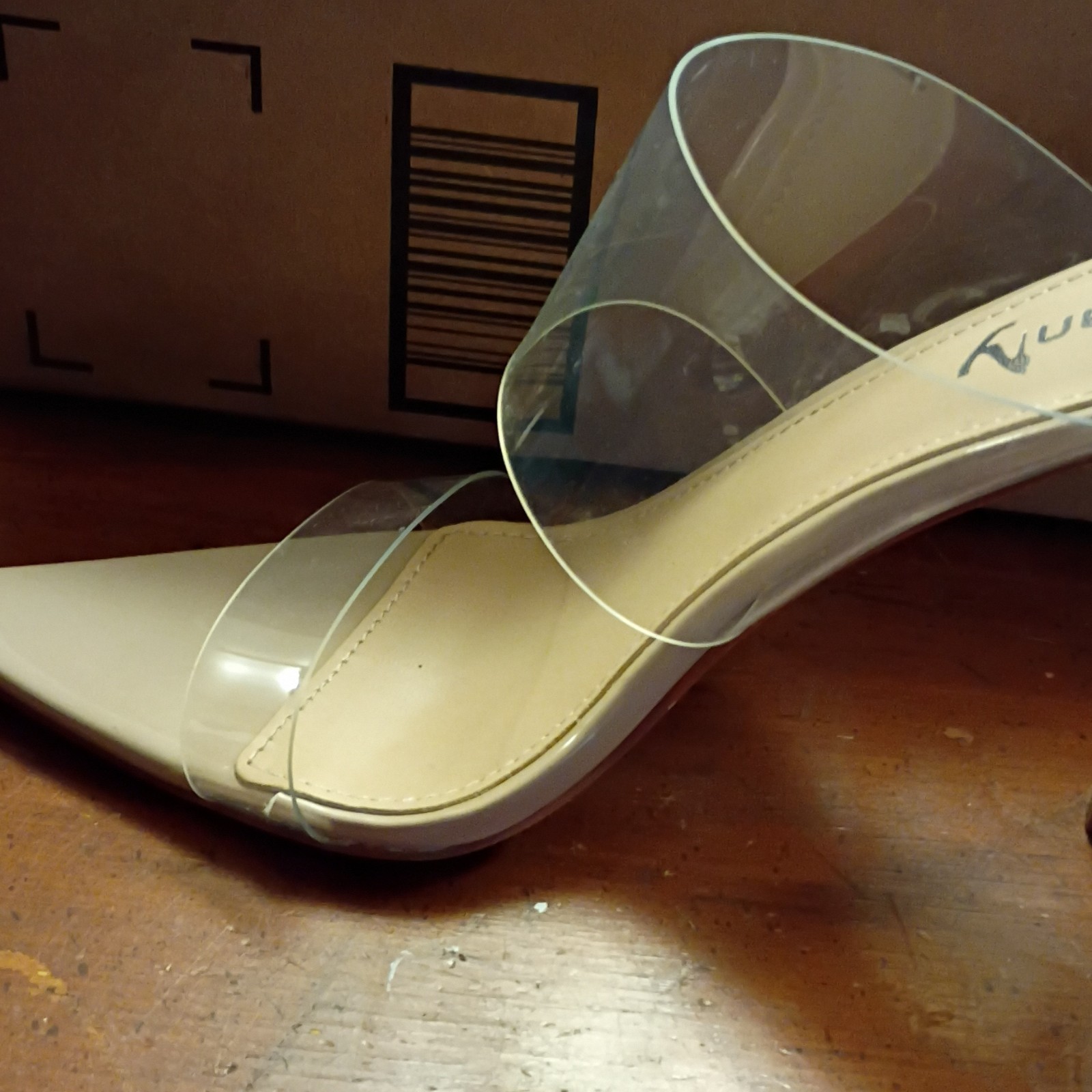 Viviany Beige Clear Transparent Strap Stiletto Mule Pointed Toe Heels Size 9