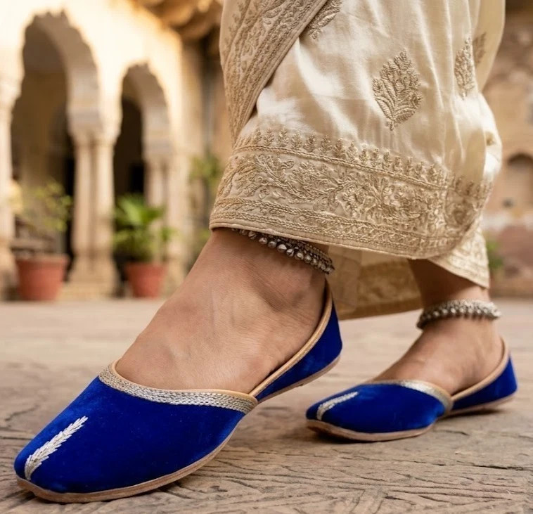 Women Shoes Indian Handmade Leather Blue Mojaries Ballet-Flats Jutties US 6-11