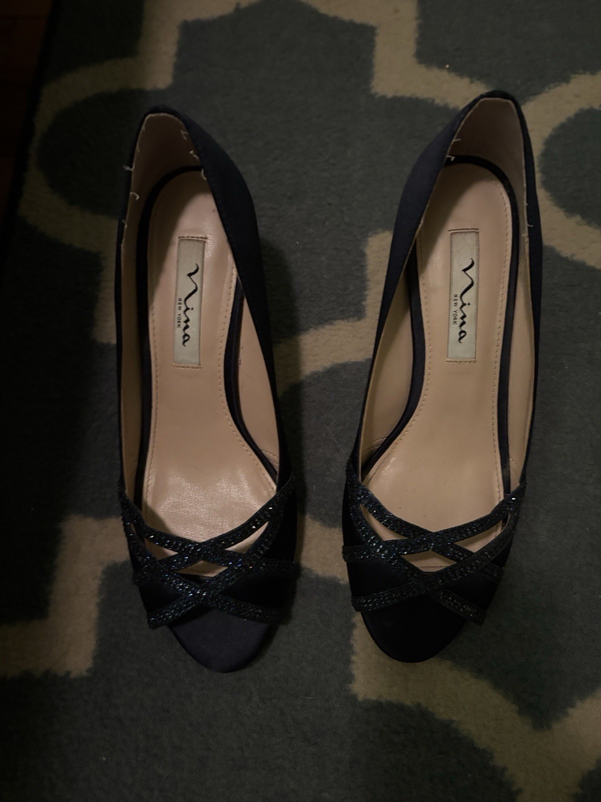 Nina Women’s Navy Satin Peep Toe Stiletto Pumps Glitter Slip-On US 8 M