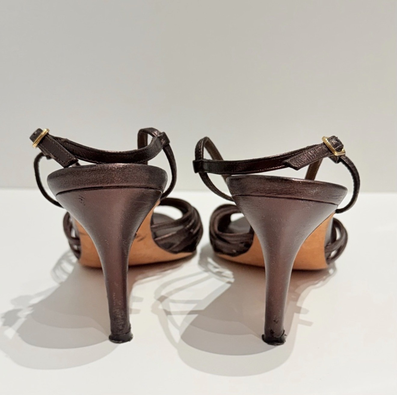 Manolo Blahnik Vintage Metallic Gunmetal Leather Strappy Slingback Heels 37.5