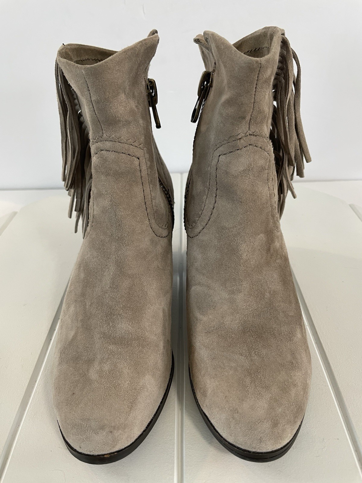 SAM EDELMAN Louie Gray Suede Fringe Ankle Boot Western Zip-up Cowgirl Womens 7 M