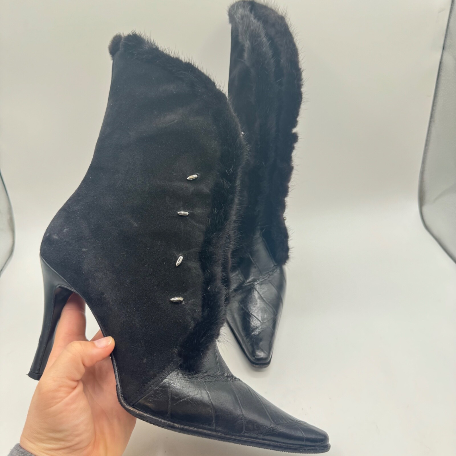 Mauri Boots Womens 9.5 Black Suede Alligator Mink Fur Trim Witchy Gothic Italy