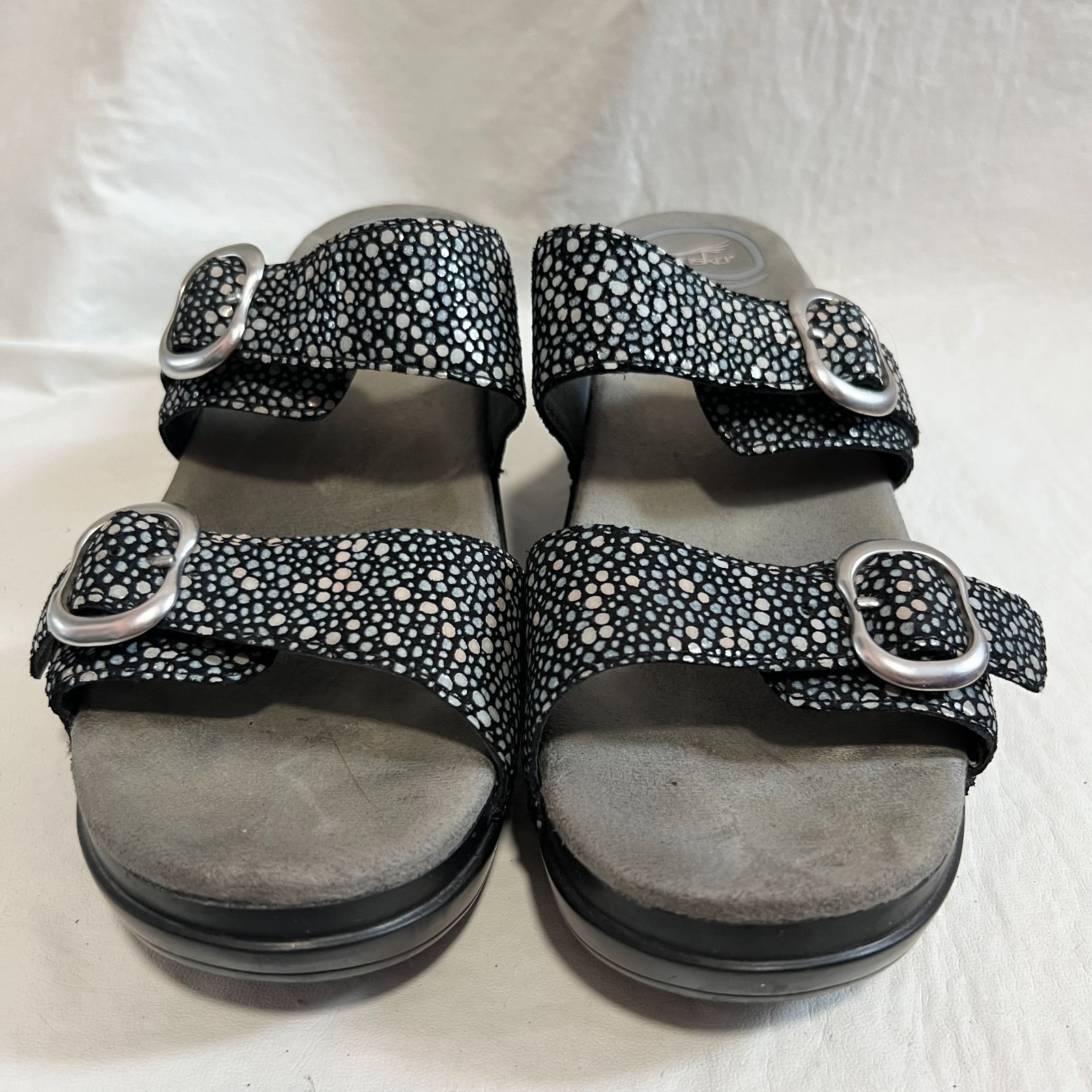 Dansko Sophie sandals black white pebble dot 39 8.5 9 two strap slide clog
