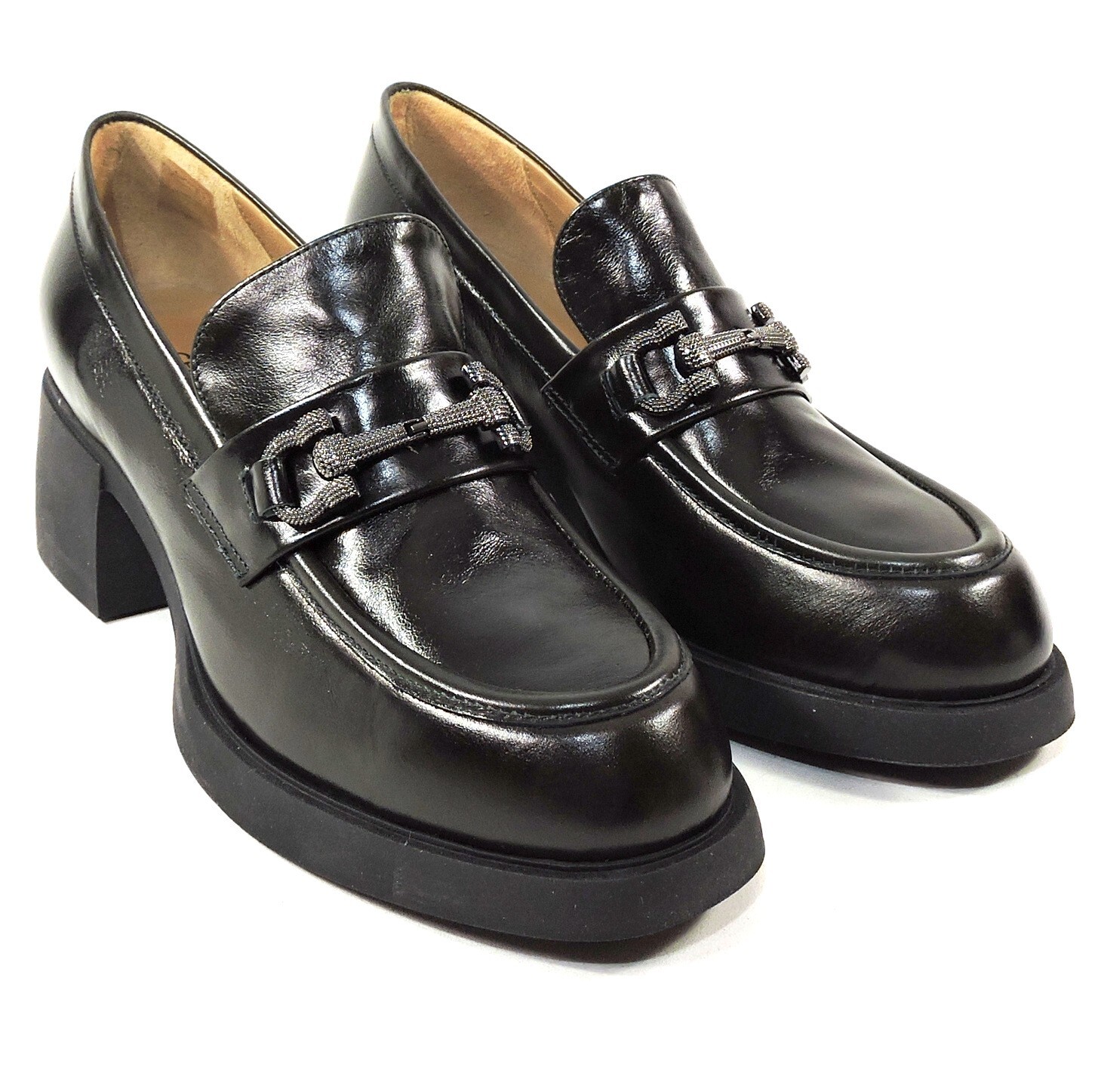 CHIARA COLINI 🇮🇹 WOMEN’S BLACK SOFT LEATHER COMFORT HEELED LOFERS