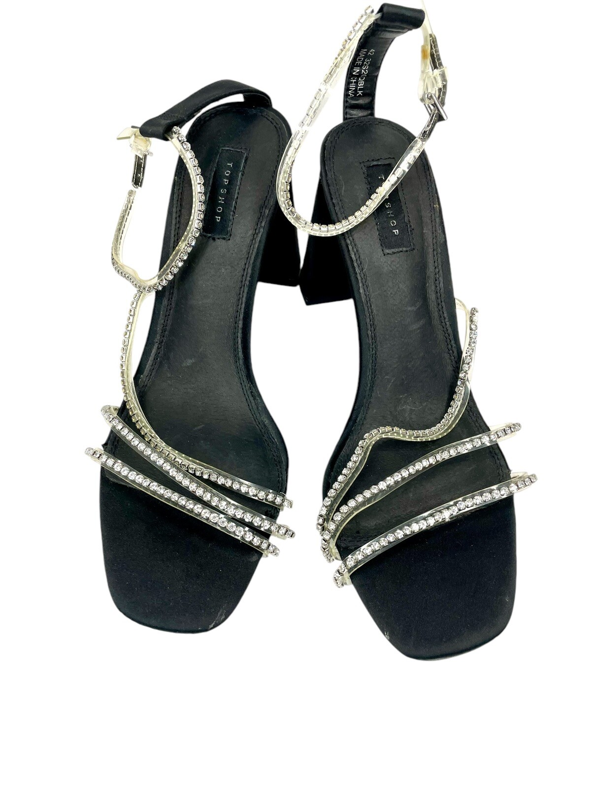 Topshop Black Satin Block Heel Rhinestones Embellished Straps SZ 42 EU NEW SH03