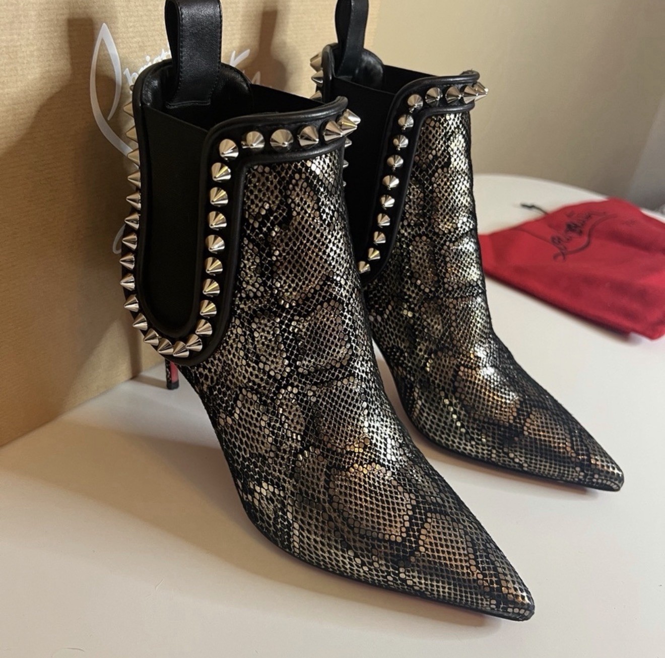 Christian Louboutin Capaboot Suede Studded Spikes Ankle Bootie EU 37.5