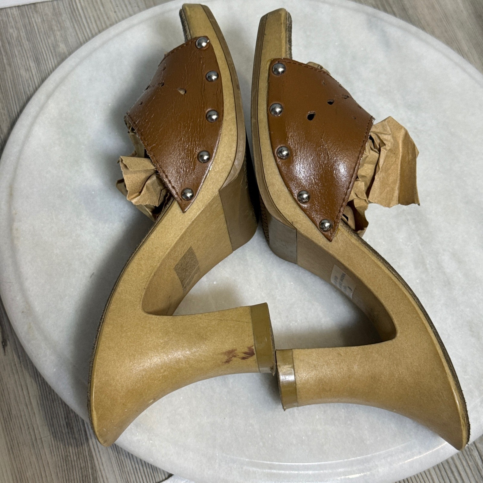 Vtg Candies Brown Leather Studded heels Platform Mules Square Toe 9 shoes y2k