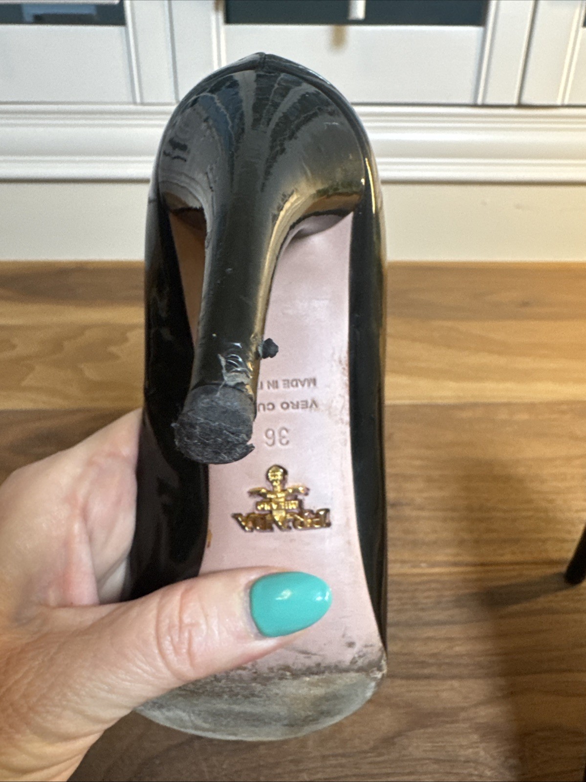 Prada Pumps Black Patent Leather Size 36 Pointed Toe Heels Designer 3.5 In Heel