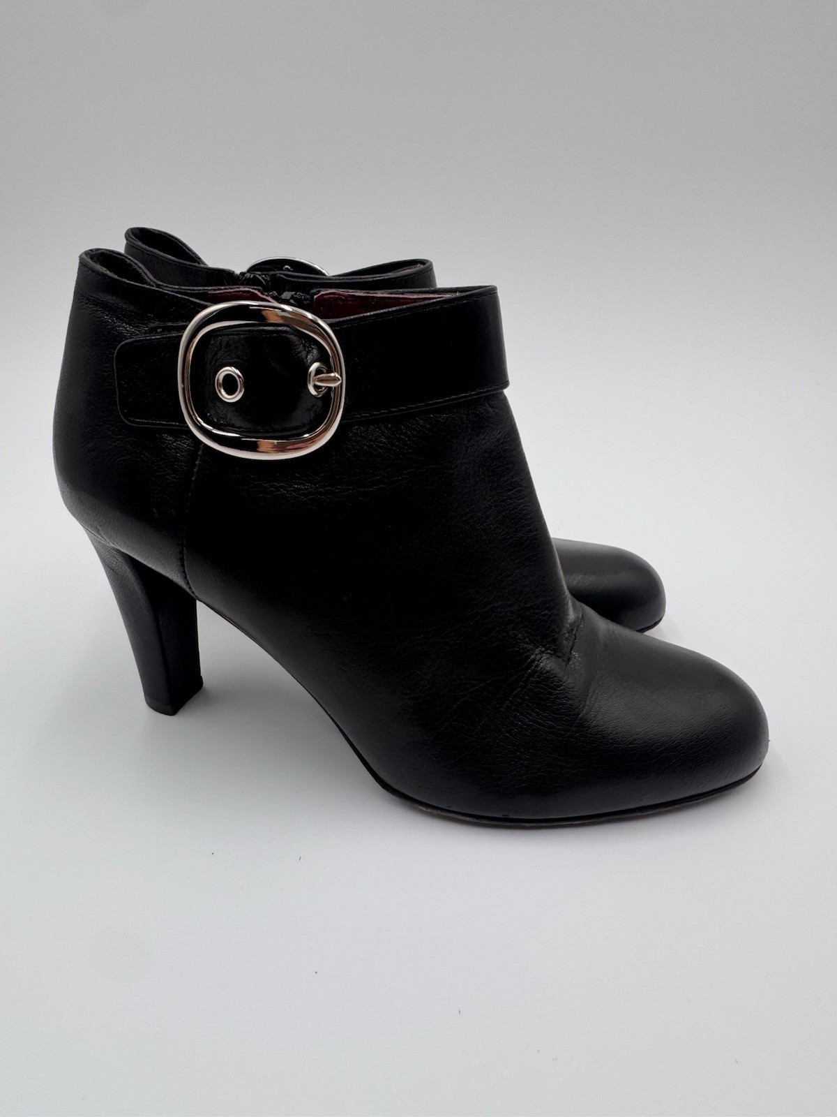 Coach Black Leather Nicolete Silver Tone Buckle 3.25″ Heel Bootie Boot 7.5