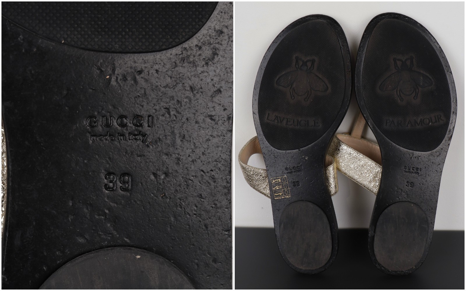 Gucci GG Marmont Metallic Logo EU39 US8 Platino Gold Leather Thong Flat Sandals