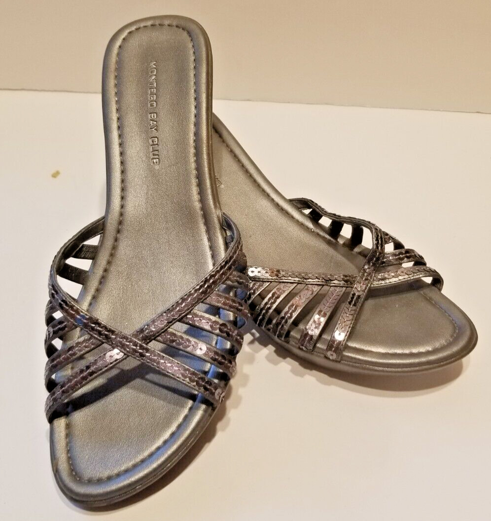 Women’s Silver Sequin Sandals Wedge Heel Slip-On Pewter US Size 9