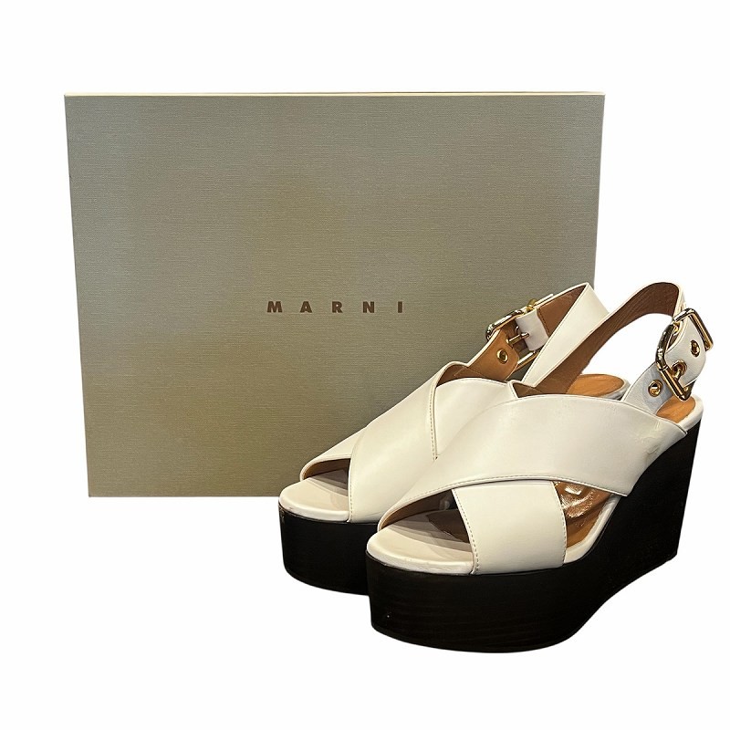 MARNI Sandals Strap Platform Thick Sole Leather 37 24.0cm White /DK ■PN Ladies
