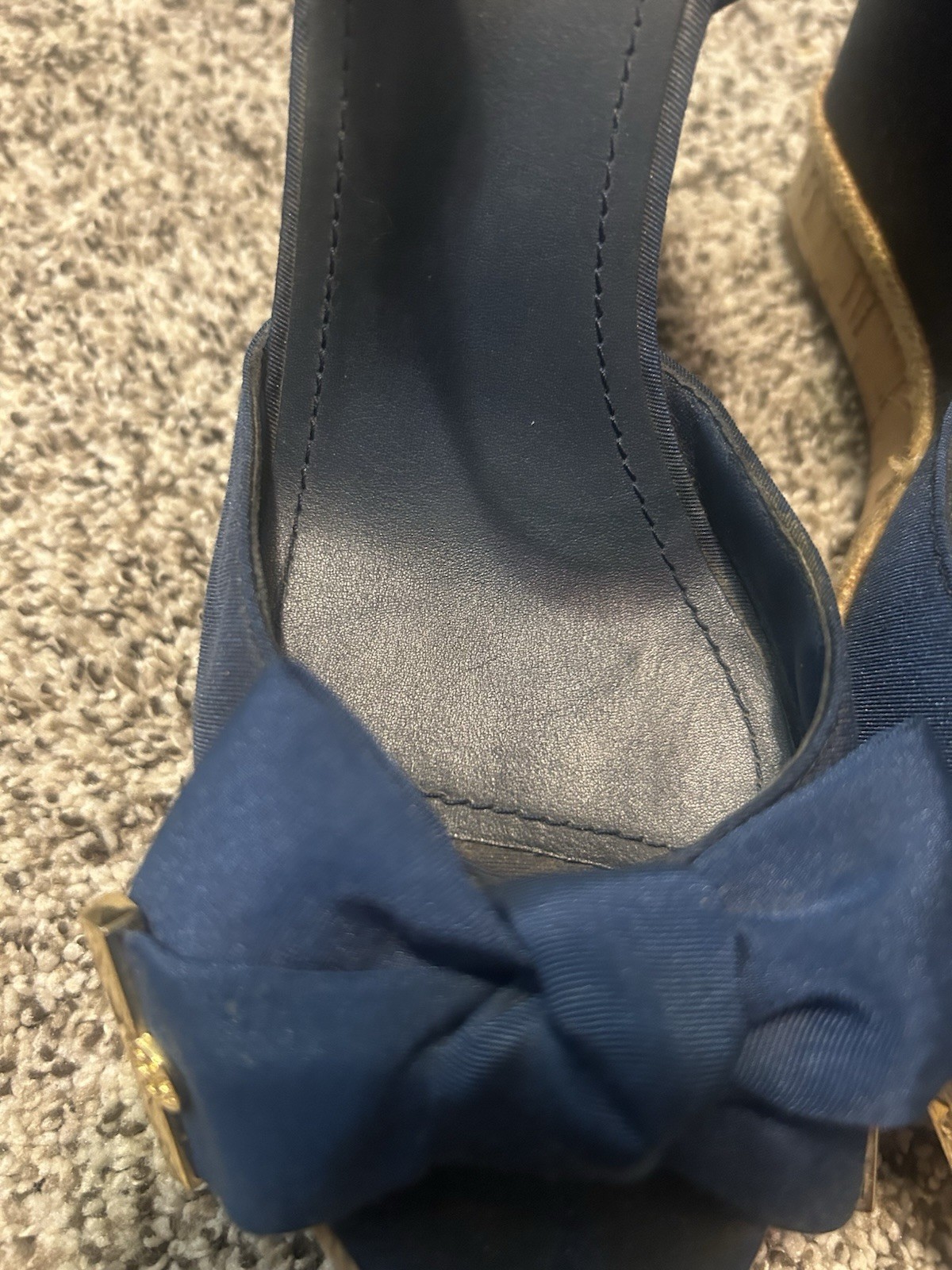 Tory Burch Blue Wedge Ankle Strap Sandals Bow Logo Buckle Women’s US 8