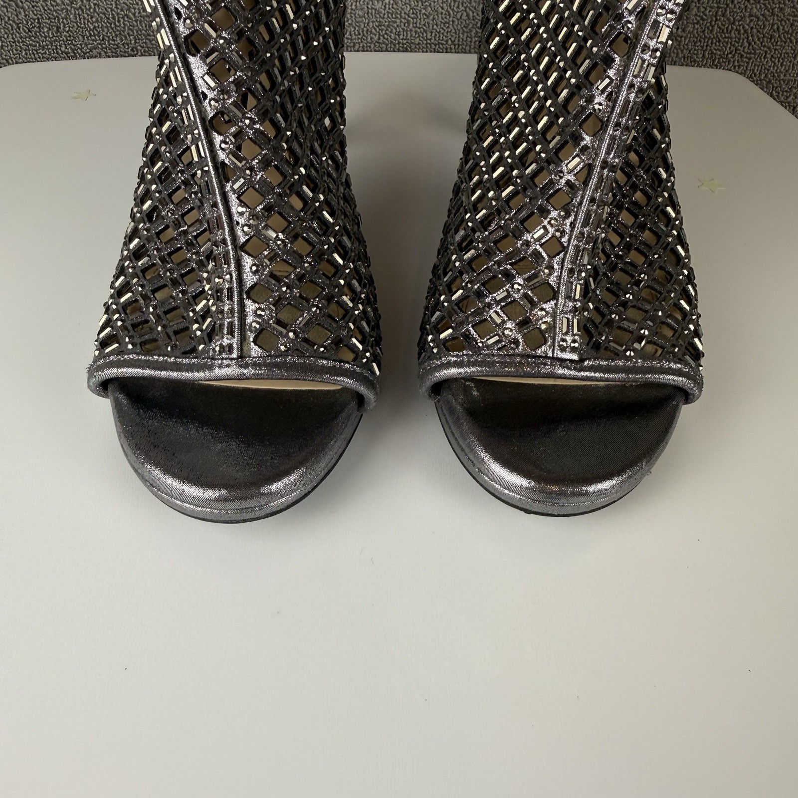 Alex Marie Silver Rhinestone Peep-Toe Stiletto Booties Wedding Party Glam Sz 8M~