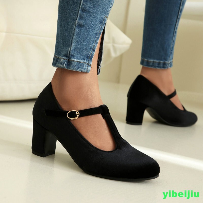 Women’s Mary Jane Work Shoes Mid Block Heel Velvet T Strap Dress Shoes Plus Size