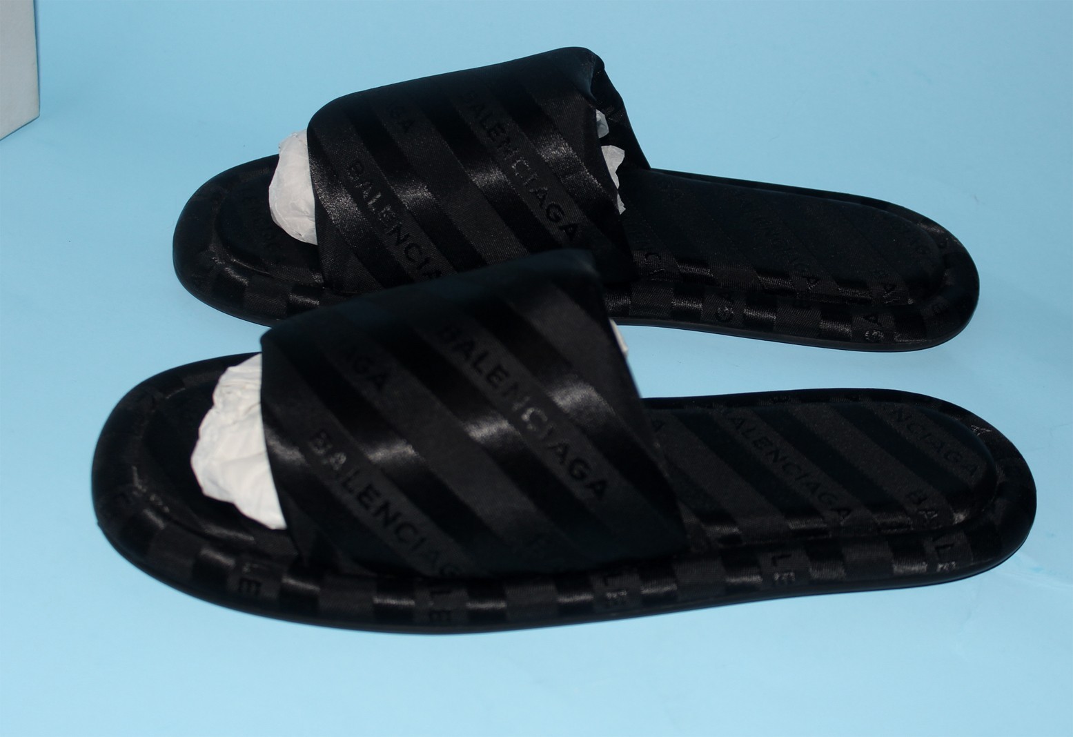 NIB BALENCIAGA Satin Logo Jacquard Hotel Slides Black Demna Le City sz 37 $600