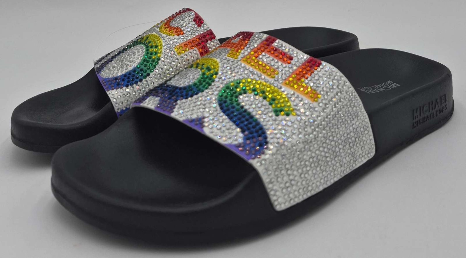 Michael Kors Gilmore Iconic white Rainbow Crystal MK Logo Slides I Love shoes