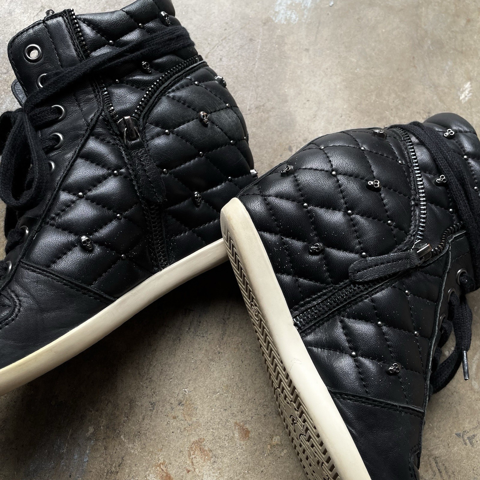 ASH Vintage Black Skull Studded Wedge Sneaker Boots Leather Zip EU 38