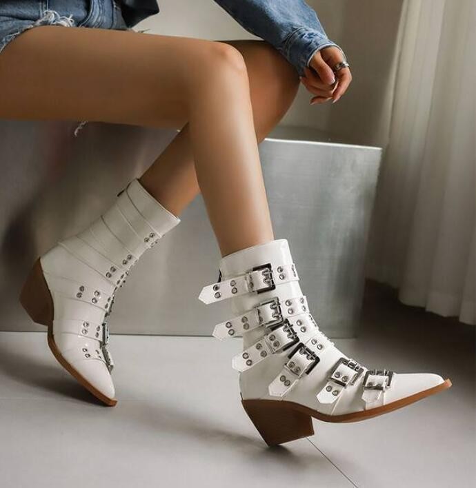 Women’s Pointed Toe Faux Leather Ankle Boots Punk Motor Casual Clubwear Shoes SZ