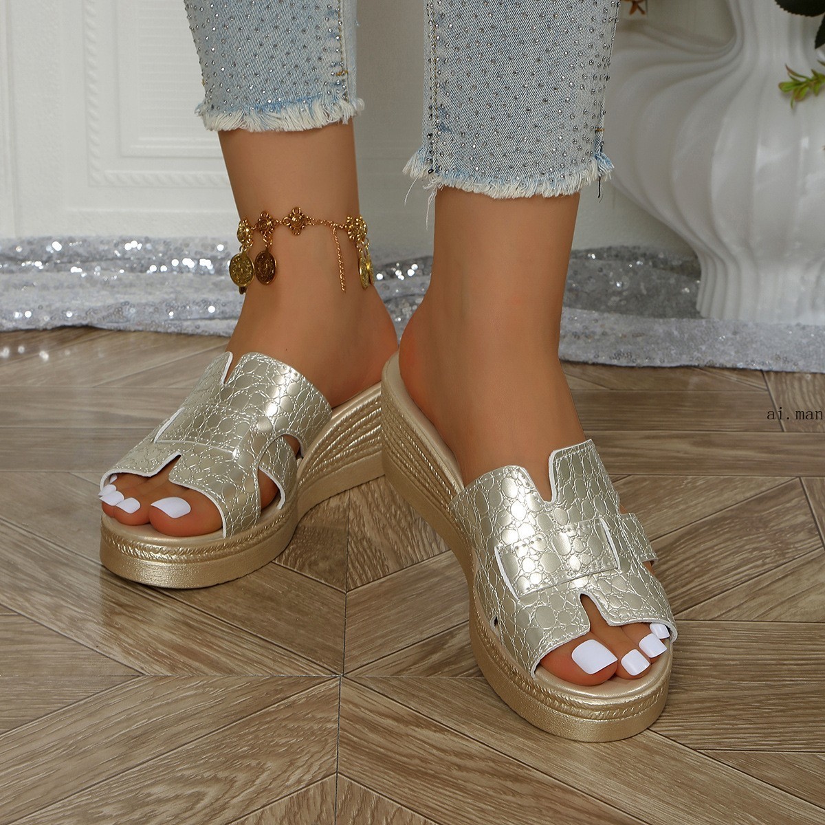 Women’s Fashion Cutout Open Toe Wedge Sandals Platform Casual Summer Beach Slide