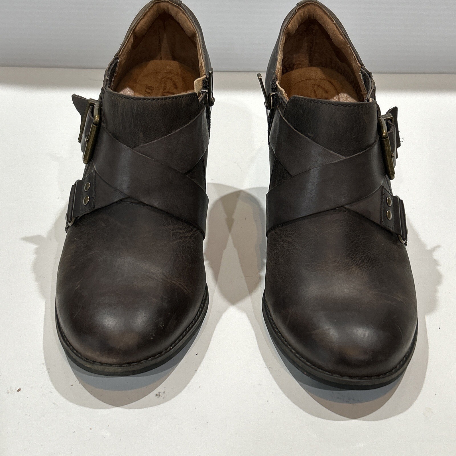 Clarks Indigo Brownish Gray Leather Moto Booties Heeled Ankle Boots Zip Women 9