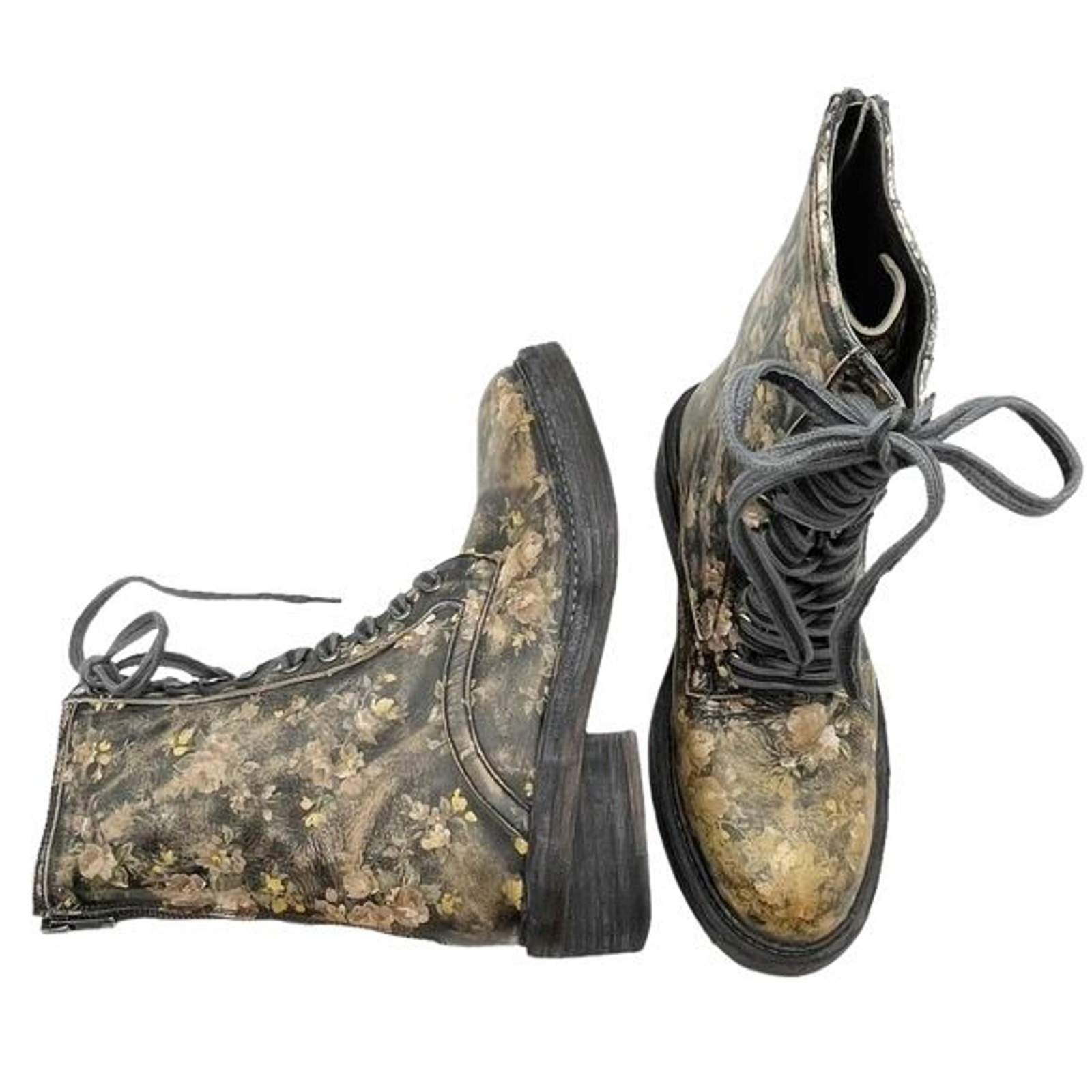 Free People Black Floral Leather Lace-Up Combat Boot Sz 8 Grunge Boho New In Box