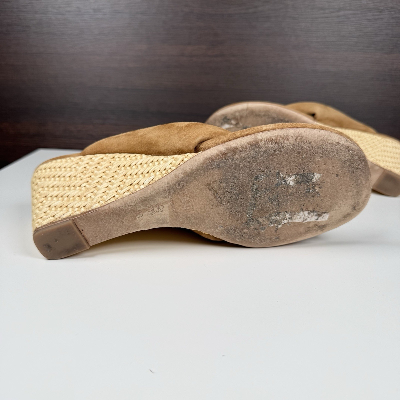 STAUD Dahlia Suede Knot Sandals Wedge Heel Tan Portugal Women’s size 9 / EU 39