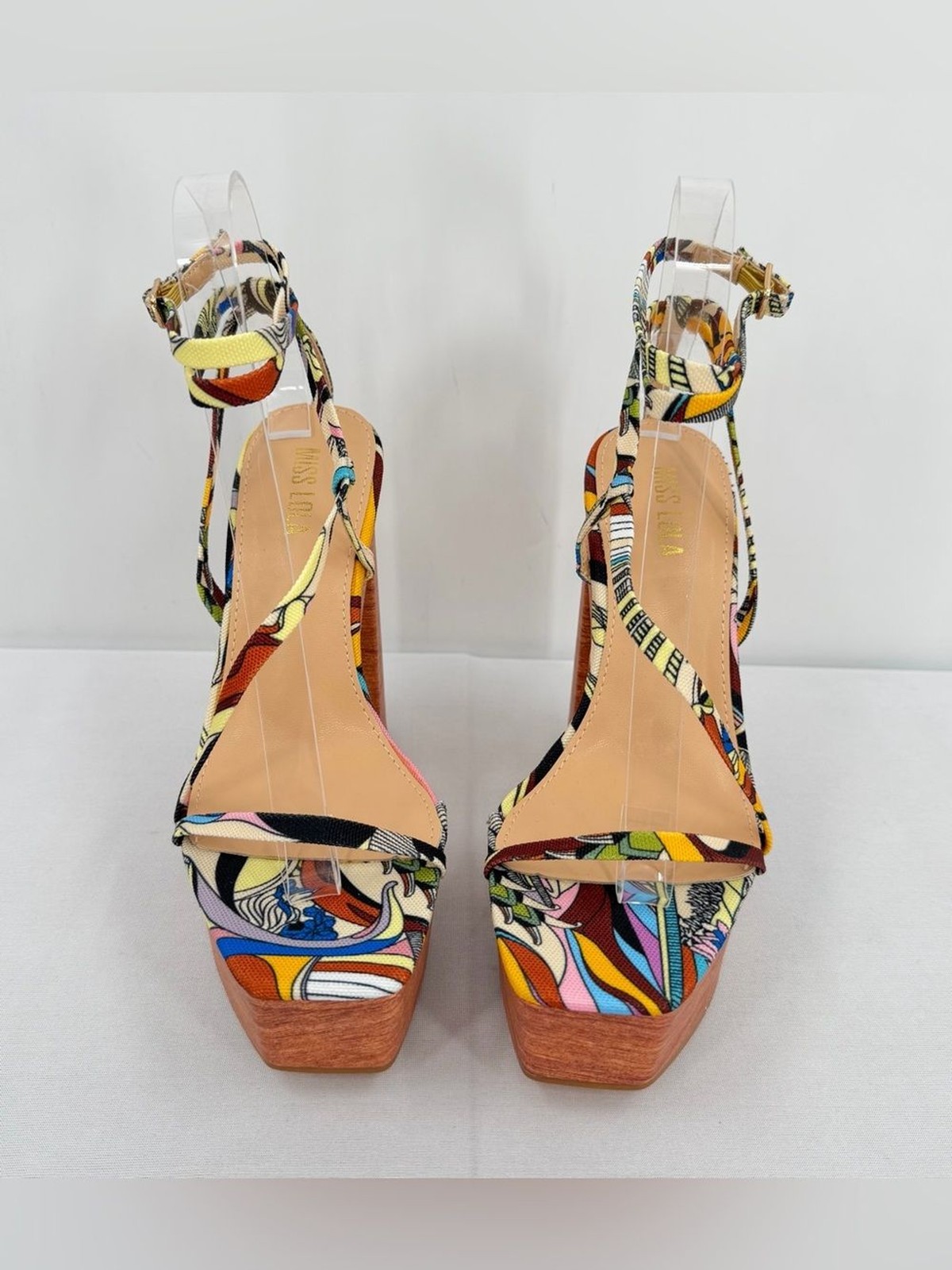 Resort Platform faux wood Block Heel Sandals Multicolor Vacation Heels 6.5