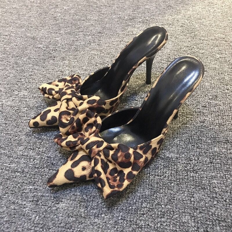 Womens High Heels Leopard Big Bowknot Pointy Toe Slipper Slip On Party Shoes New