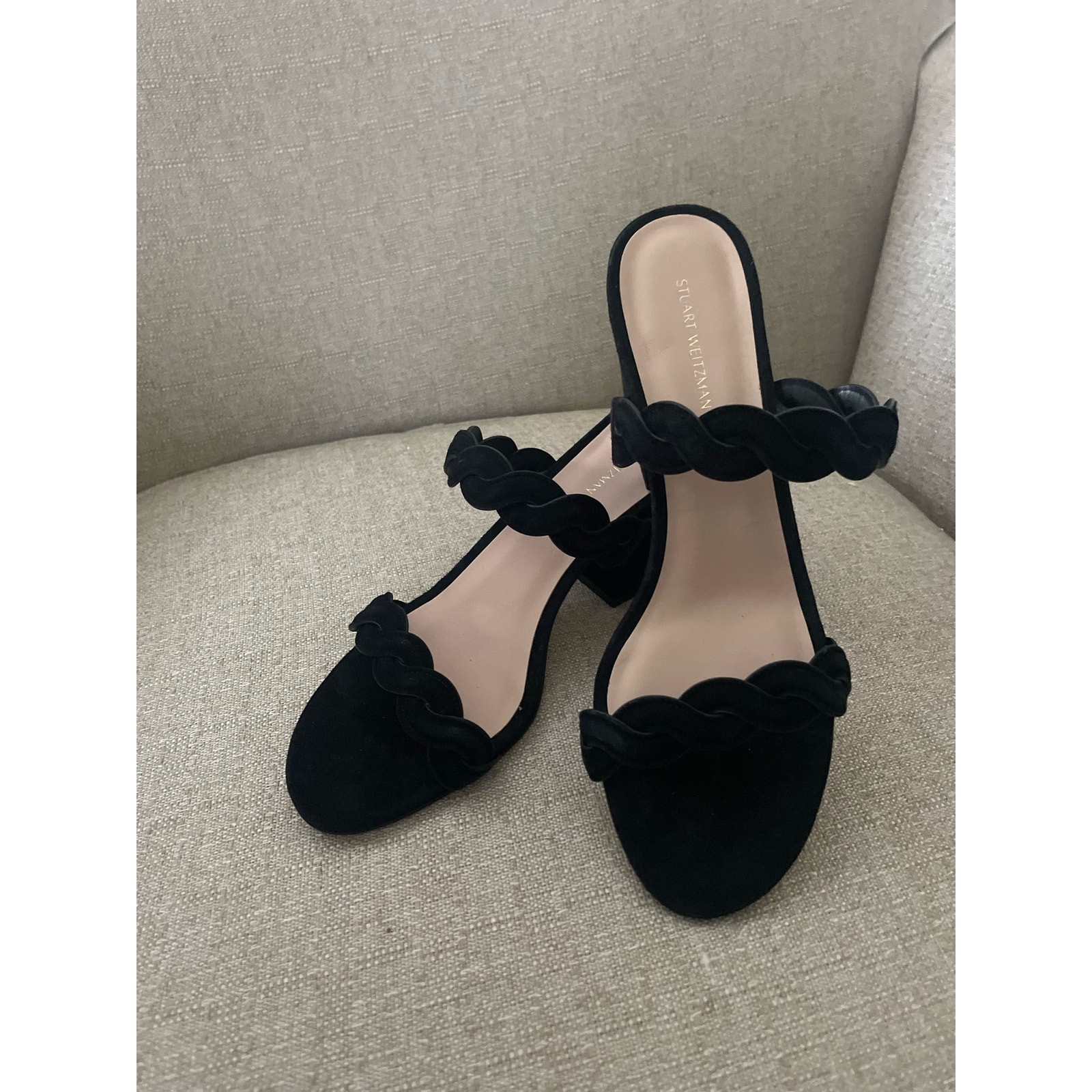 Stuart Weitzman Twistie Block 75 Suede Sandal, 3 in Black, Adult, S53