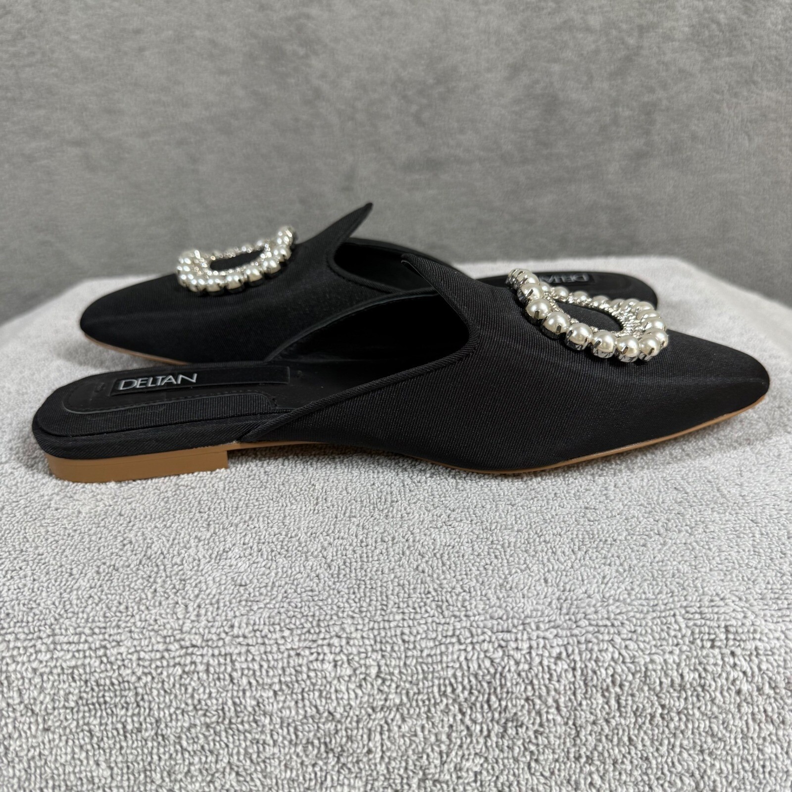 DELTAN Luna Pearl Rhinestone Grosgrain Mules Black Pointed Toe Flats 6.5