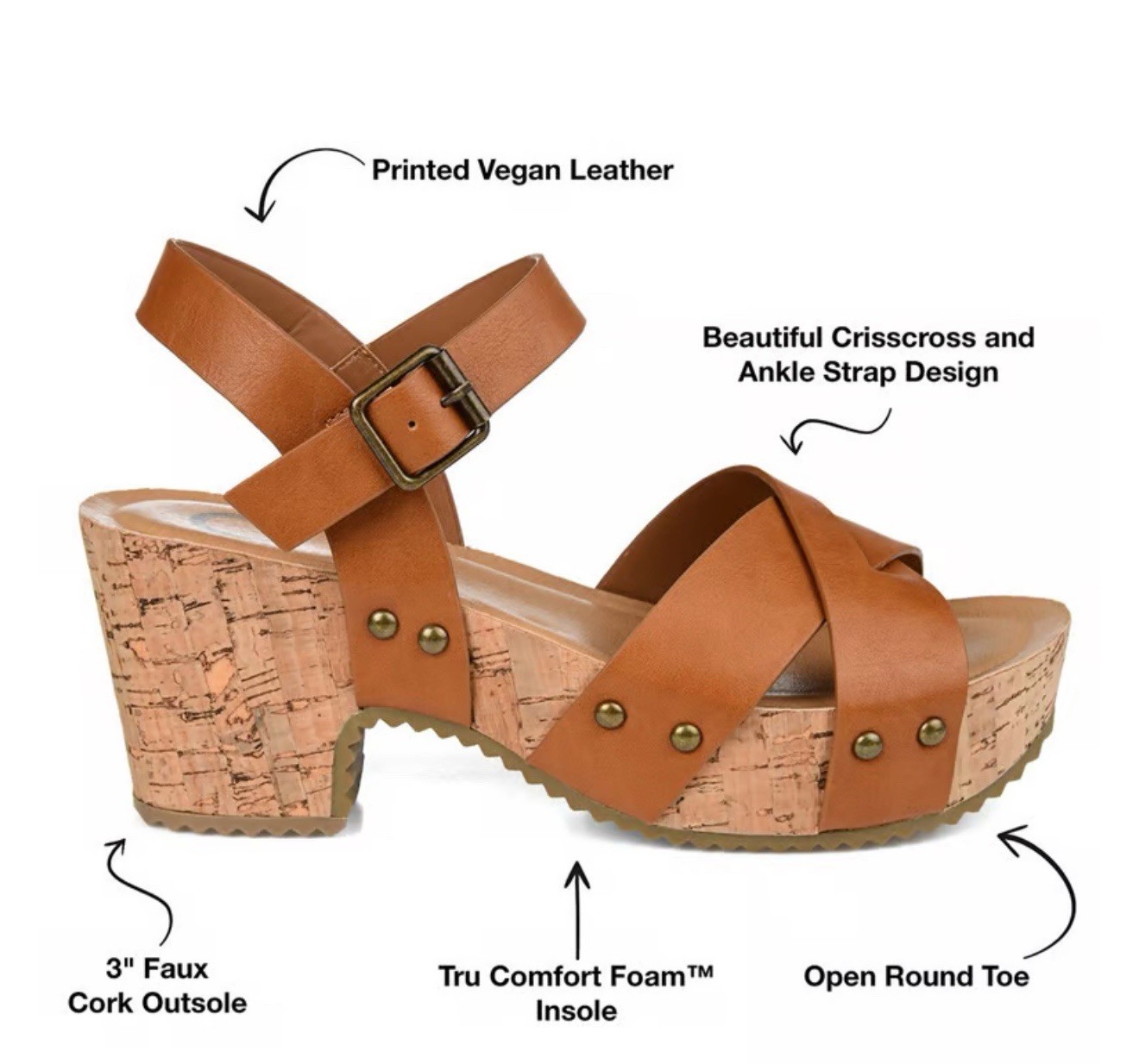 Journee Valentina Sandals 9 M Light Brown Chunky Cork Platform Shoes Retro Heels